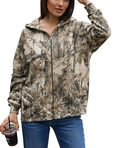 ACCPUR Women Camo Hoodie Oversized Fleece Full Zip Up Sweatshirt